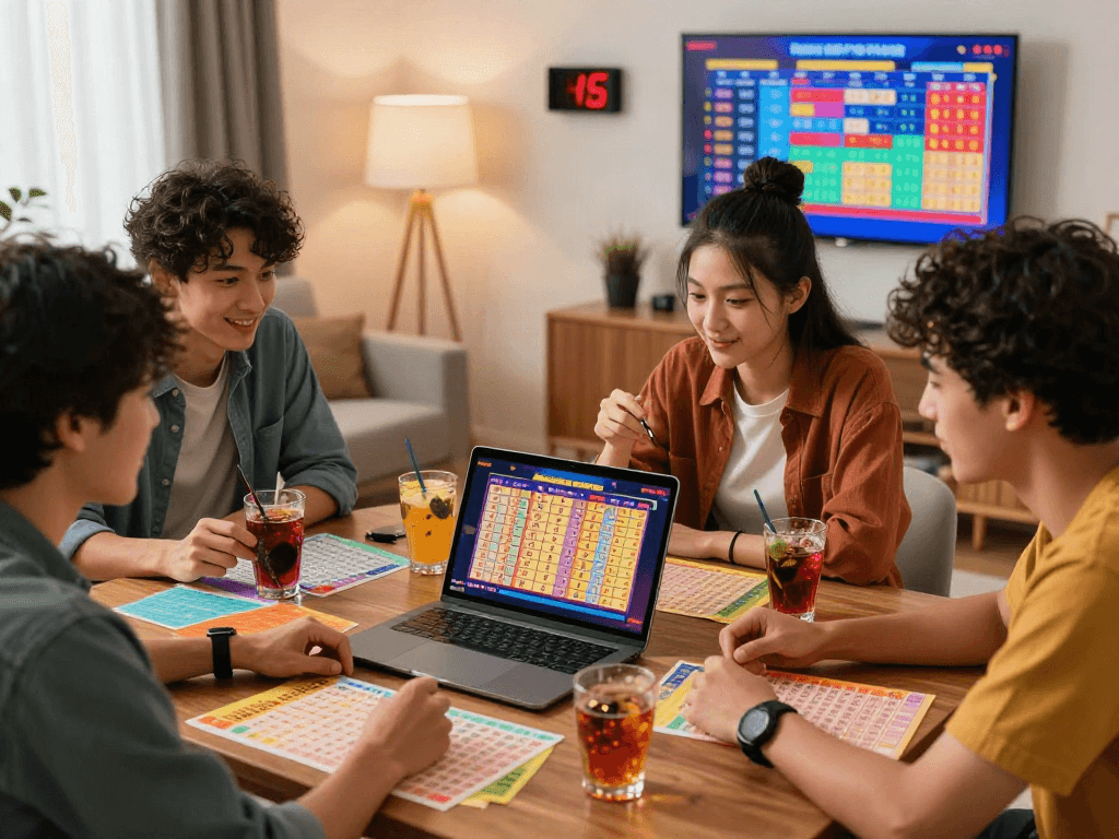 Friends enjoying a togel online betting session with vibrant betting slips and a laptop displaying live results.