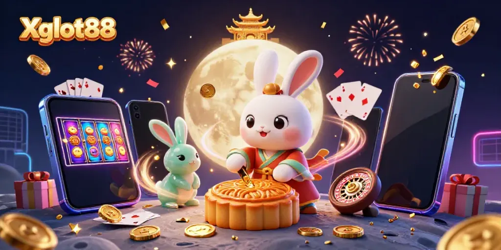 Xgslot88 menghadirkan ilustrasi 3D penuh warna dengan kelinci bulan dan elemen kasino yang meriah.
