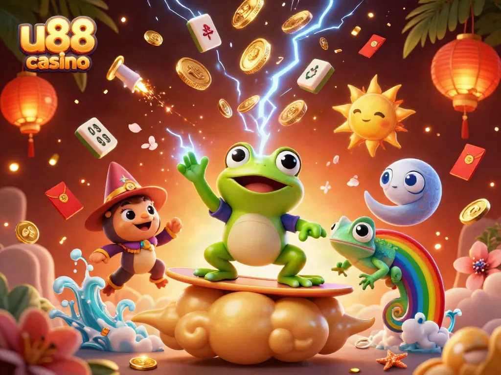 Experience excitement at u88 casino, where a vibrant scene unfolds with magical characters and golden coins raining down.
