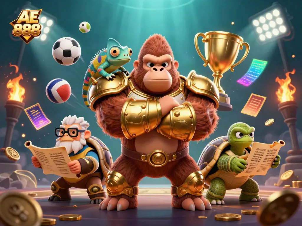 Join the action with AE 888 in this 3D casino scene featuring championship sports elements and characters.