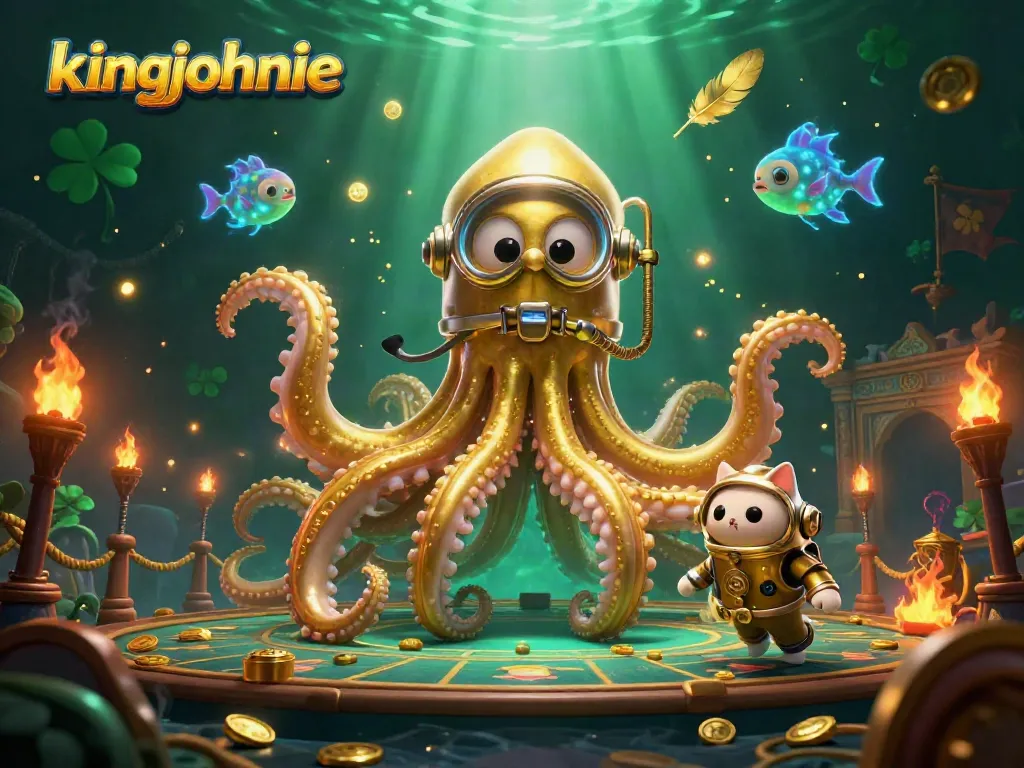 Experience the thrill of playing at kingjohnnie with a vibrant 3D illustration featuring a kraken and diving cat amidst golden treasures!