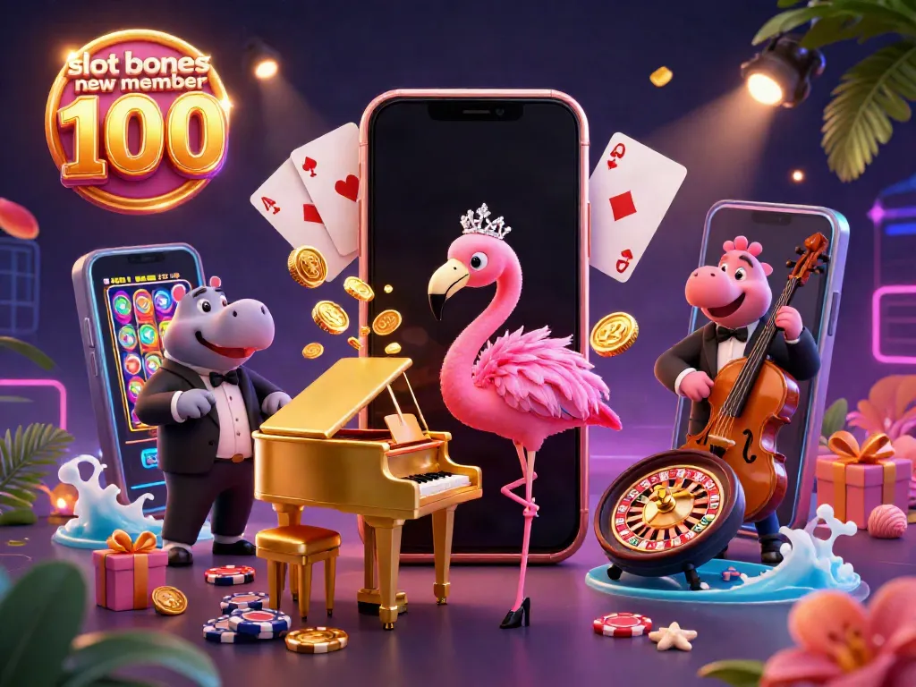 Engage in thrilling play with the slot bonus new member 100, featuring vibrant casino elements and entertaining characters.