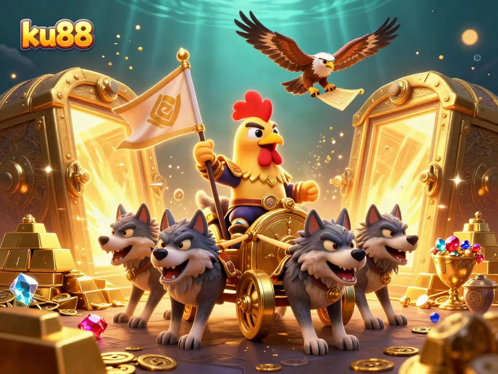 Engage with ku88 gaming excitement as a rooster warlord leads a treasure-filled battle.