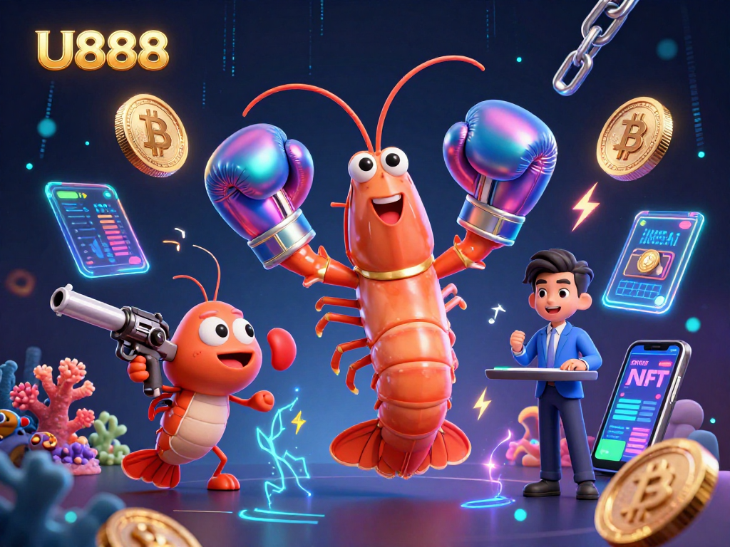 Engage with U888's vibrant casino scene featuring animated shrimp characters in a vivid digital environment.