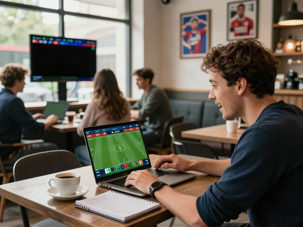 Excited bettor analyzing live soccer match odds on smartphone at WWBOLA cafe.