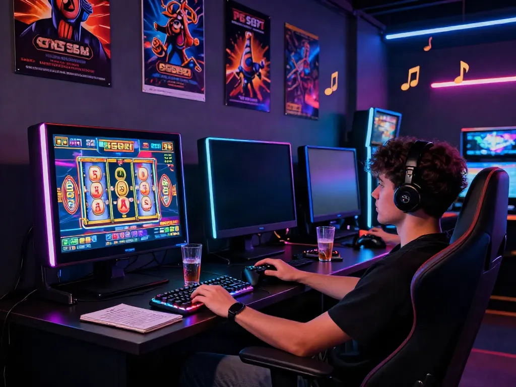 Dynamic player engaging with Slot MAHJONGJP88 in a modern gaming setup, showcasing vibrant graphics and cozy atmosphere.