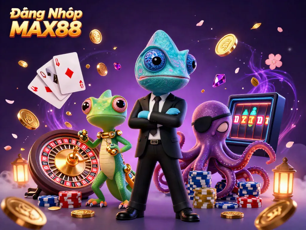 Join the excitement at Đăng Nhập MAX88 with colorful casino elements and characters.