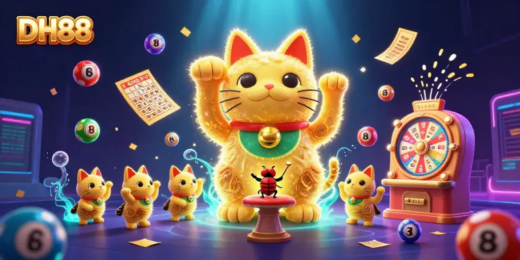 Experience the thrill of DH88 with exciting lottery elements and a lucky cat in a lively casino scene.