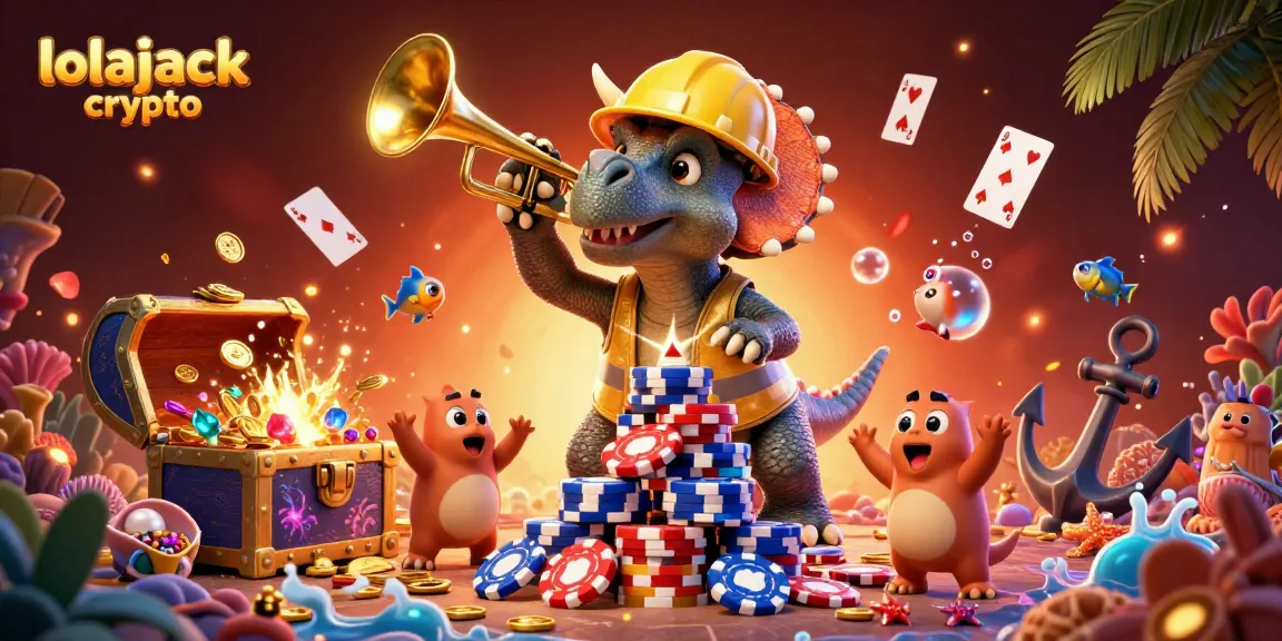 Join the excitement of lolajack crypto as a cartoon triceratops builds poker chip pyramids!