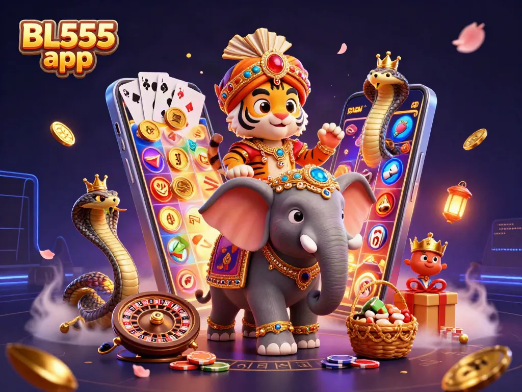 Engage with the vibrant BL555 app showcasing a lively scene of a tiger and elephant in a magical casino