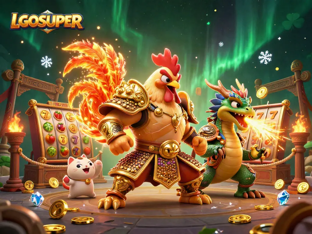 Engage with LGOSUPER as the fighting rooster warrior and dragon hatchling battle in a vibrant casino scene.