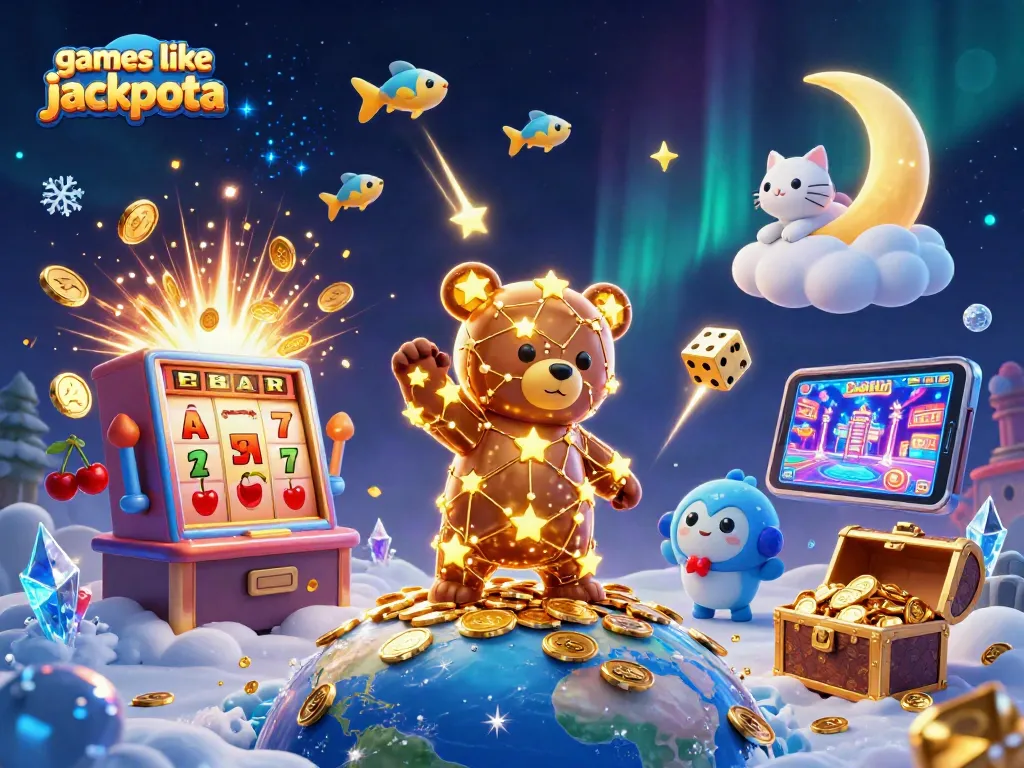 Play exciting games like jackpota with colorful slot machines bursting with coins and casino elements.