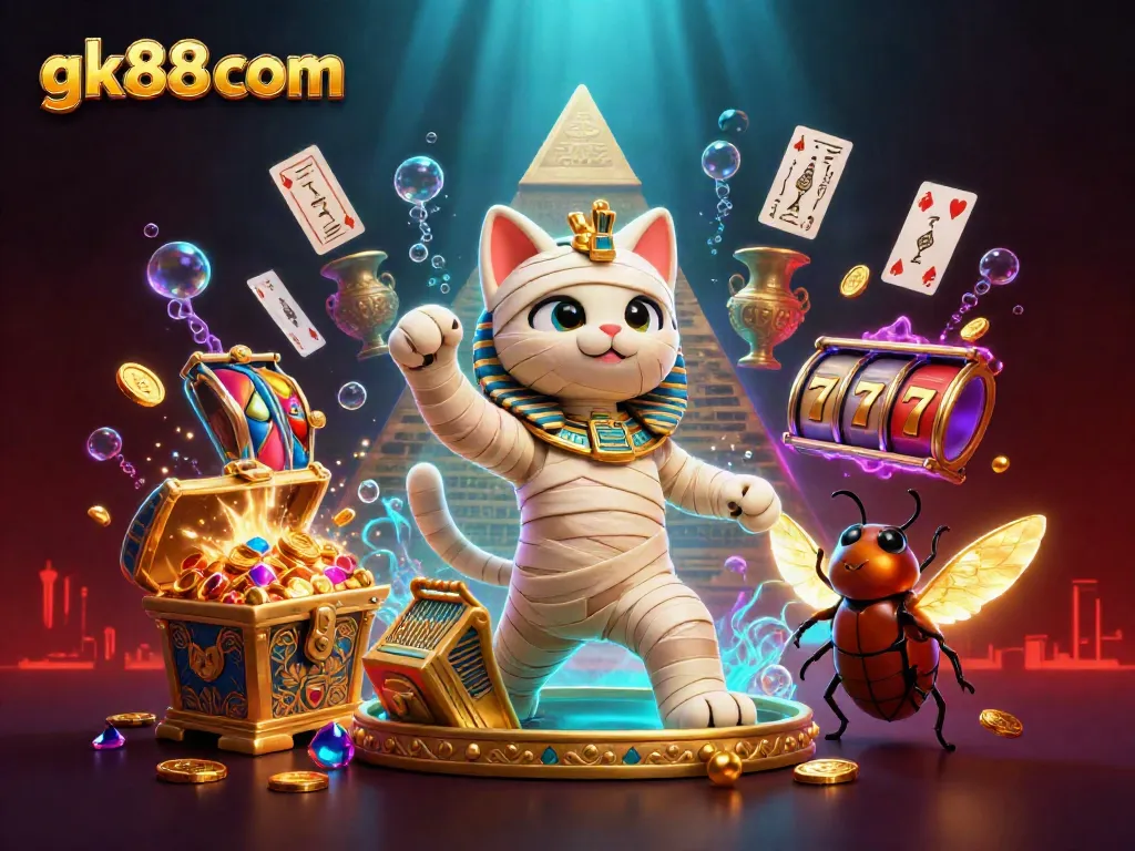Engage in thrilling fun at gk88 com with a dynamic casino scene featuring a mummy cat, scarab beetle, and exciting gaming elements.