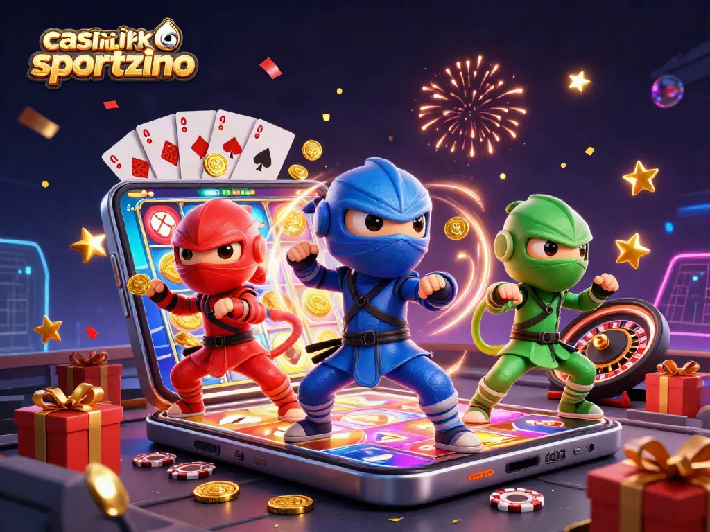 Engage with casinos like Sportzino through a vibrant, animated scene featuring exciting slot games and playful chameleons.