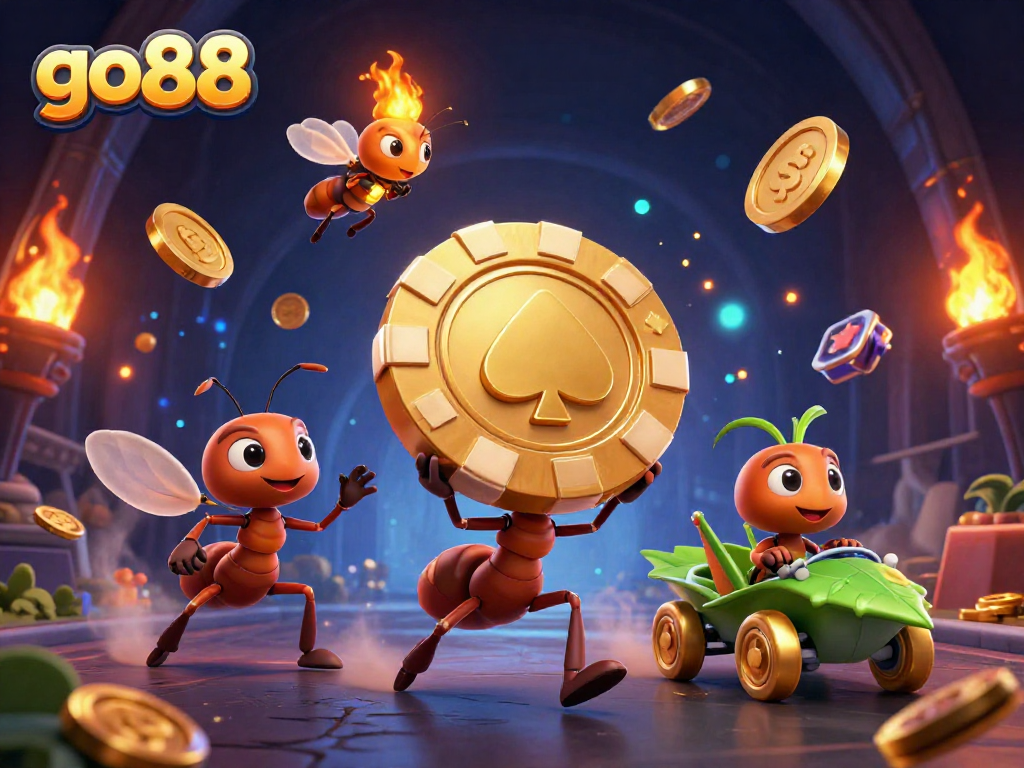 Engage in thrilling adventures at go88 with ants heisting a golden poker chip in a colorful casino.