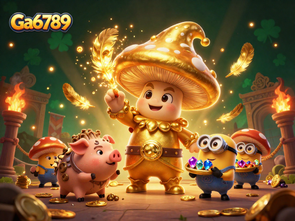 Engage with Ga6789 featuring a magical golden mushroom wizard illuminating treasures in a vibrant casino scene.