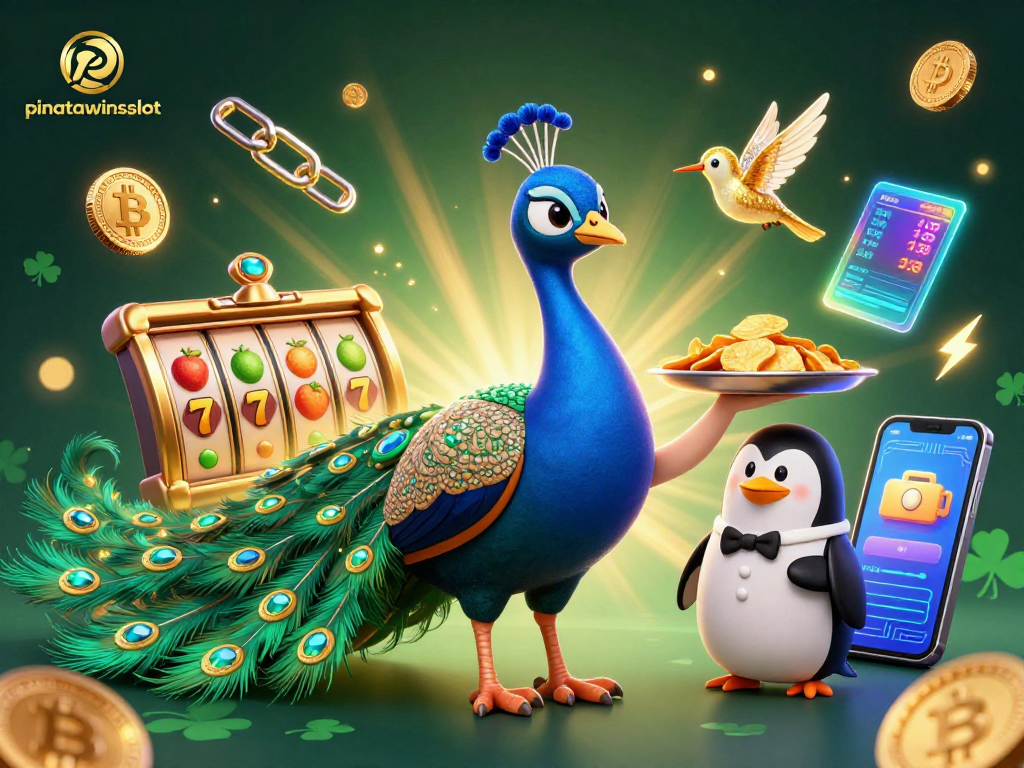 Engage with pinatawinsslot as a vibrant festival of fortune with a colorful 3D peacock and penguin, amidst dynamic slot elements.