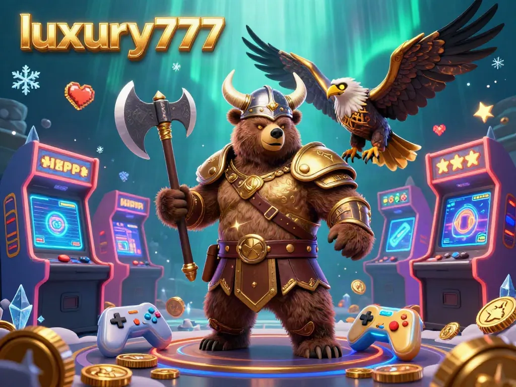 Experience instant wins with luxury777's dynamic gaming scene featuring a Viking bear and Valkyrie.