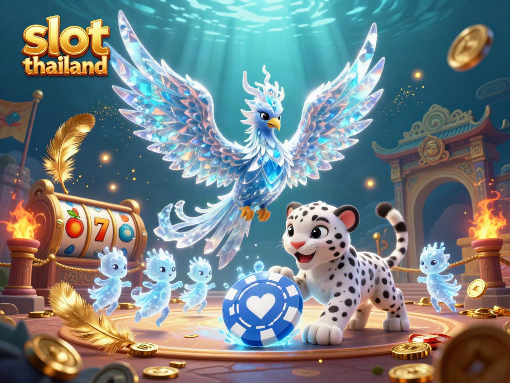 Engage with exciting slot thailand action featuring a vibrant scene of an ice phoenix, playful snow leopard cub, and glowing ice sprites.