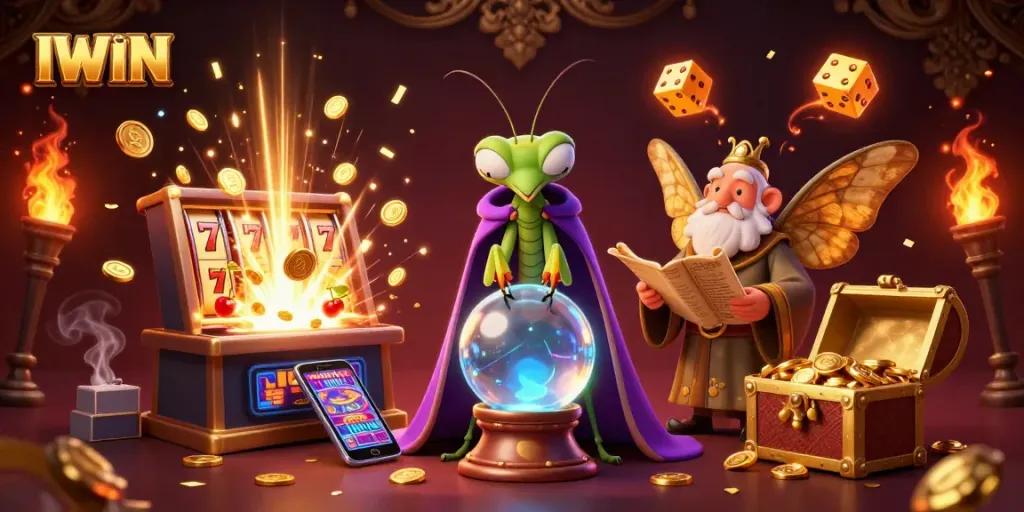 IWIN's thrilling gaming experience featuring a vibrant slot machine and mystical characters in action