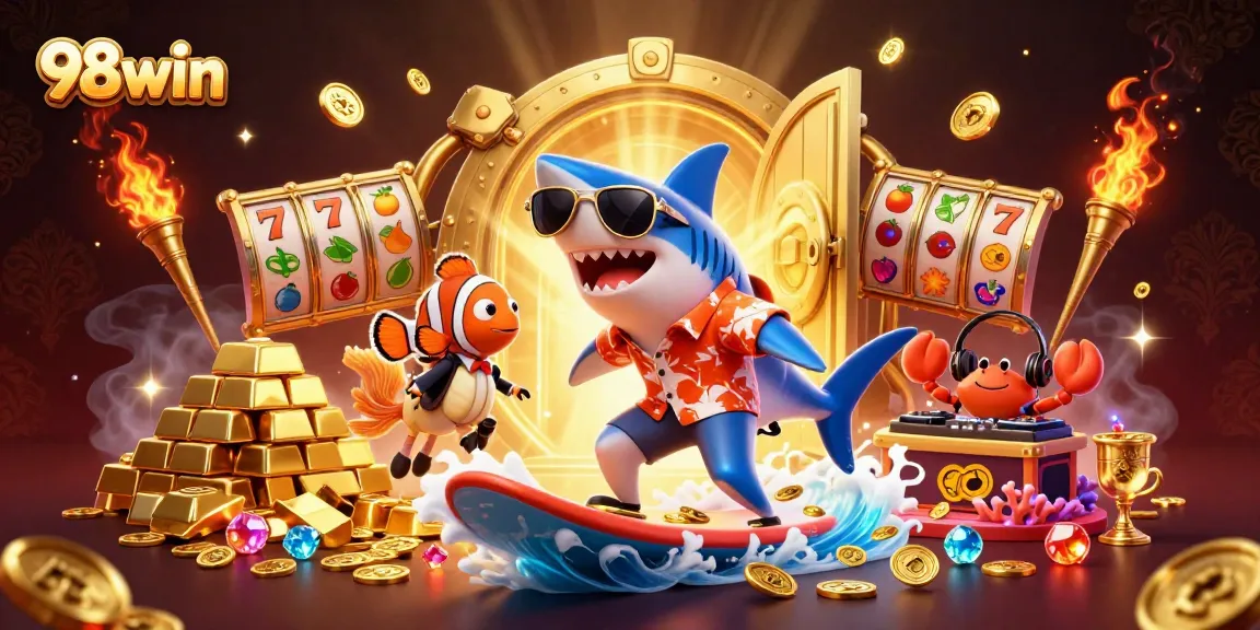 Play thrilling games at 98win with a shark surfing coins alongside a tuxedo clownfish!