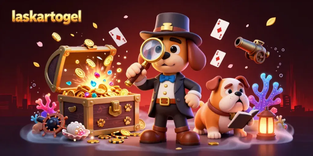 Engage with the dynamic adventure of laskartogel, featuring a cartoon detective and vibrant casino elements.