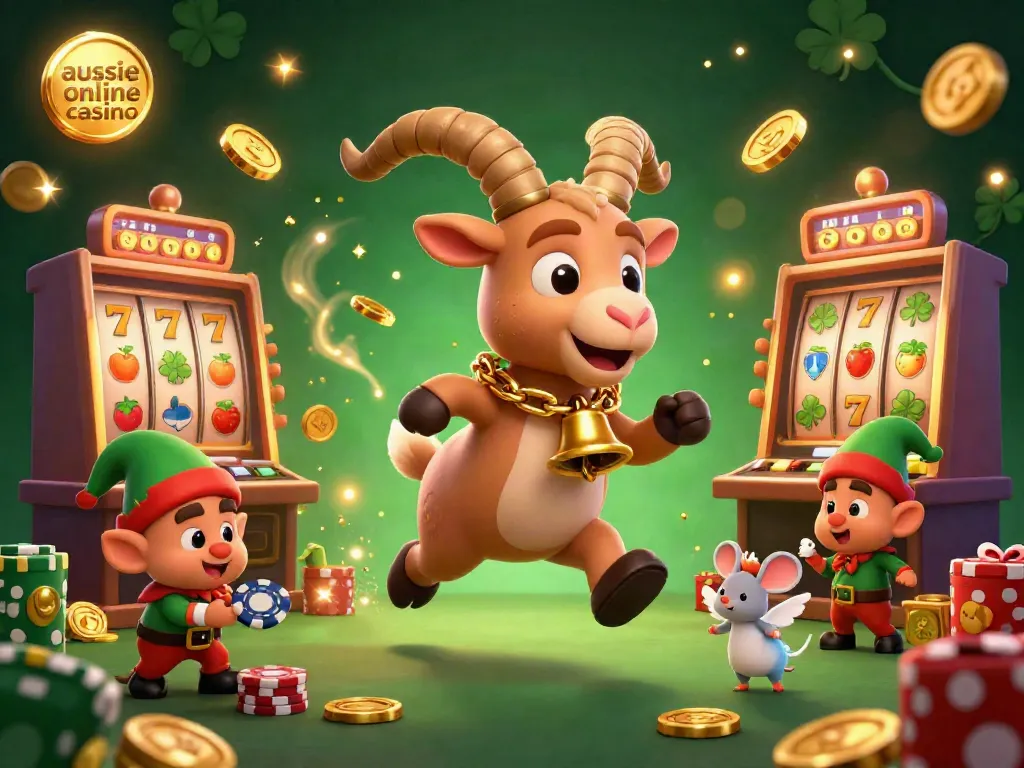 Engaging scene of the aussie online casino with a Krampus goat, angel mouse, and mischievous gremlins amidst vibrant slots and sparkling coins.