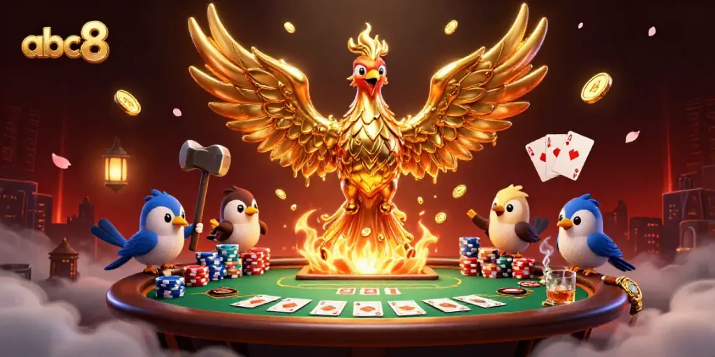 abc8 showcases a golden phoenix emerging from molten metal in a vibrant casino scene