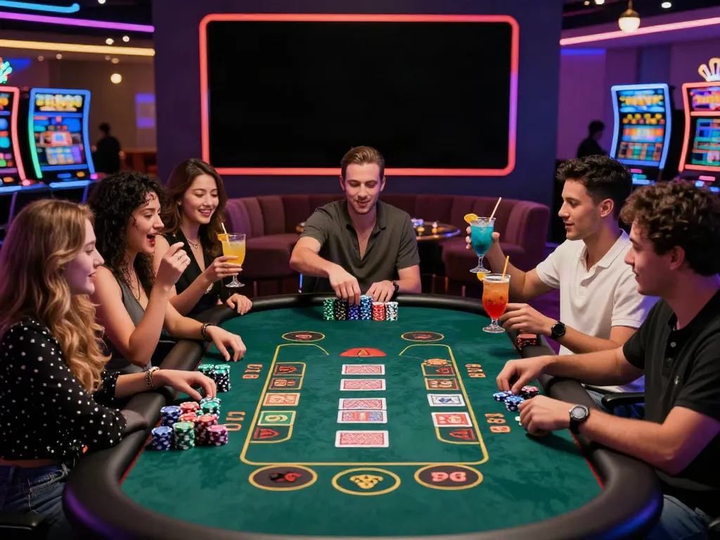 A lively gaming scene at the A80 website casino with friends celebrating wins.
