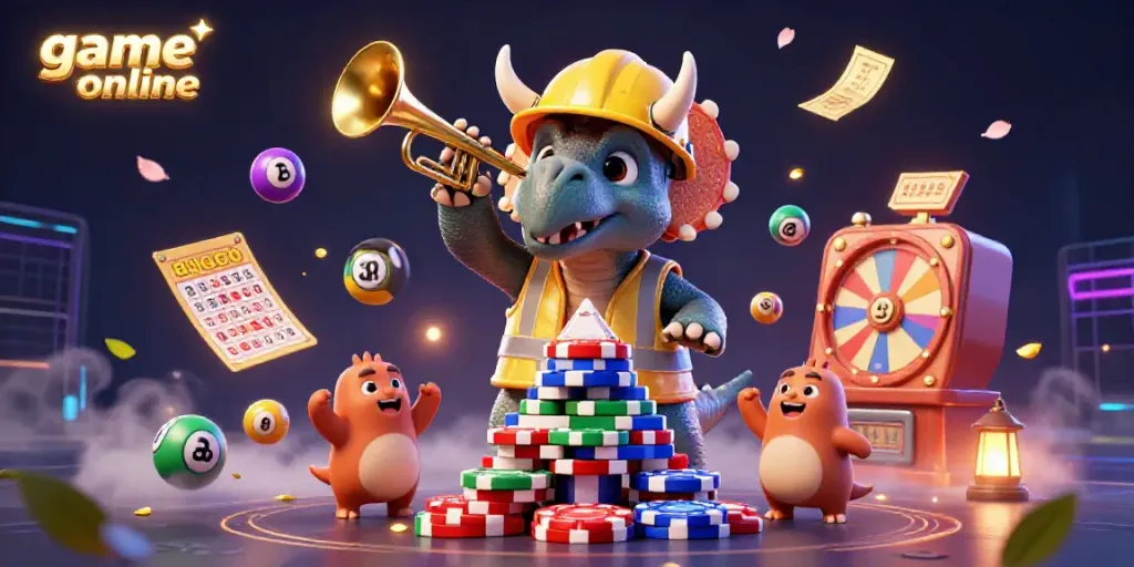 Experience vibrant gaming action with online games in this colorful 3D design featuring animated characters.