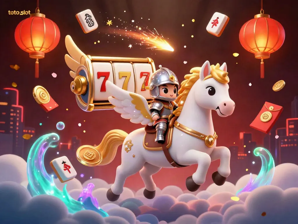 Experience thrilling action with toto slot as a knight rides a celestial horse through a vibrant casino world.