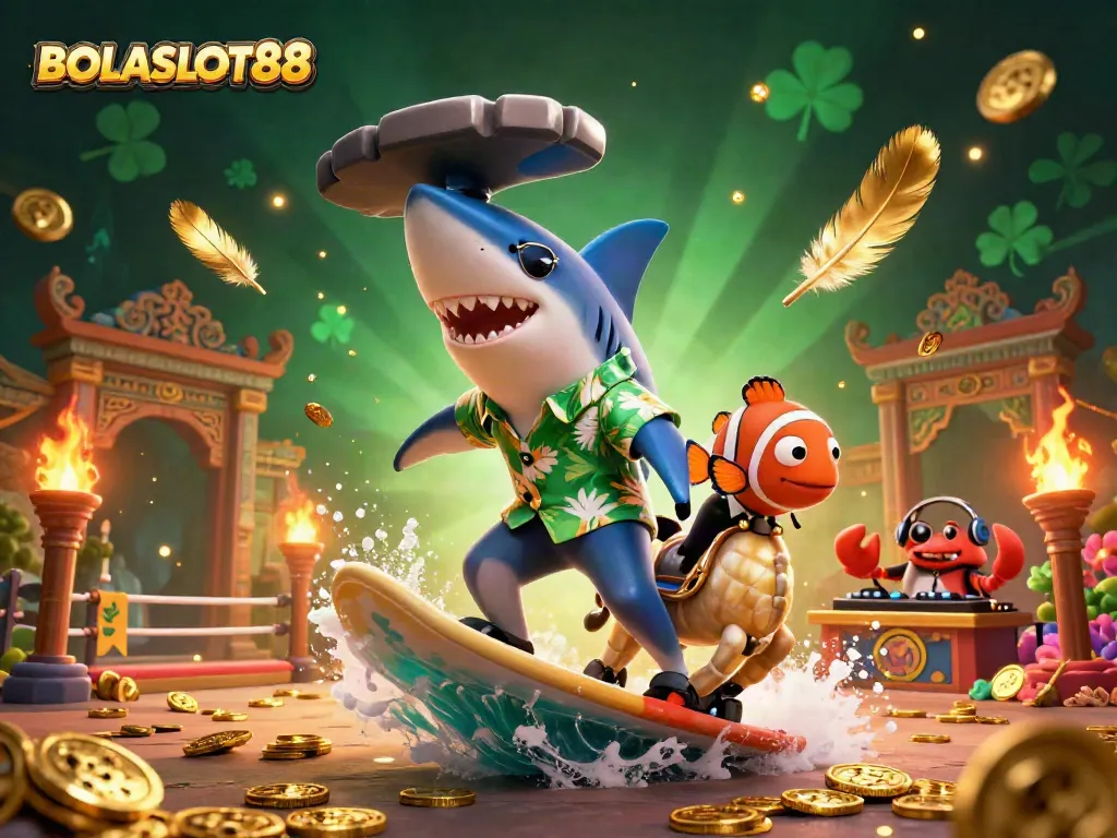 BOLASLOT88 showcases a vibrant 3D scene where a shark and friends enjoy a thrilling gold coin wave.
