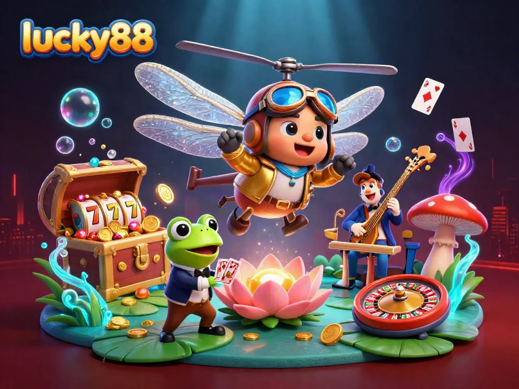 Experience the thrill of lucky88 as a dragonfly pilot hovers over a lily pad casino, surrounded by a frog croupier and vibrant game elements.