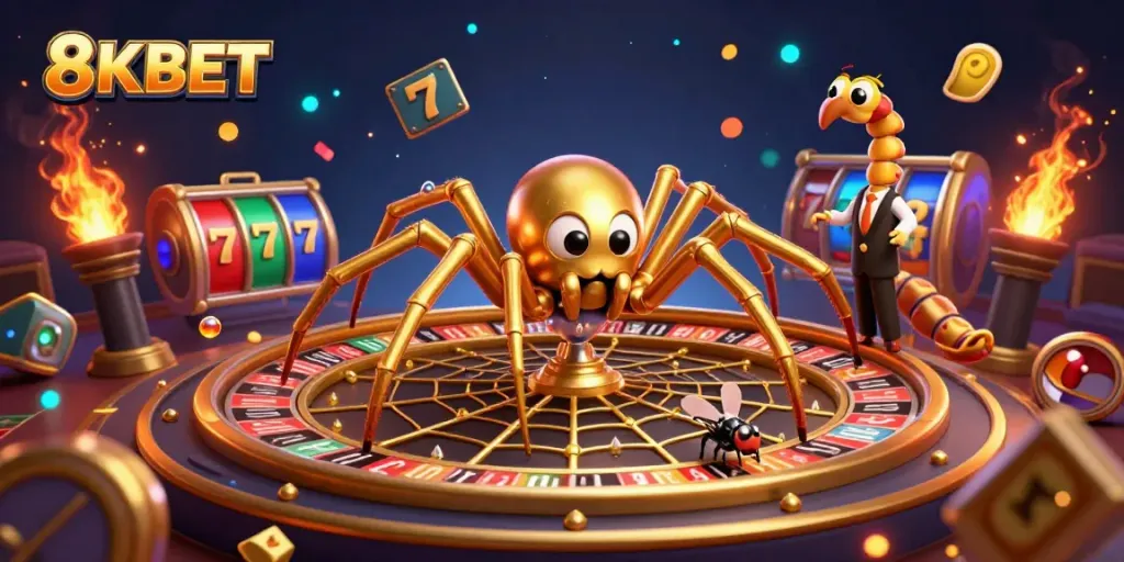 8KBET features a golden spider croupier spinning a roulette web while a fly nervously bets in a vibrant casino scene.