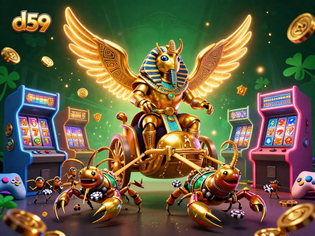 Experience the thrilling d59 slots through an exciting illustration of a golden scarab and vibrant gaming elements.