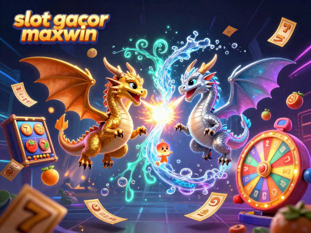 Experience thrilling action with slot gacor maxwin as golden dragons battle above colorful slot elements.
