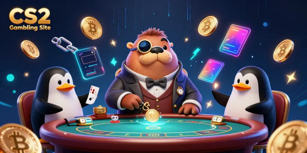 Engaging scene depicting a CS2 Gambling Site with a jolly walrus, penguin dealer, and bluffing pufferfish featuring vibrant crypto elements.