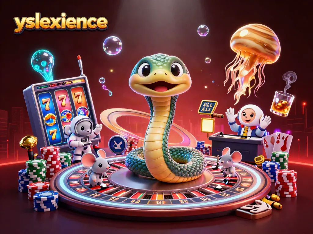 Experience the excitement of yslexperience with a vibrant, 3D gambling illustration featuring cosmic characters and slot elements.