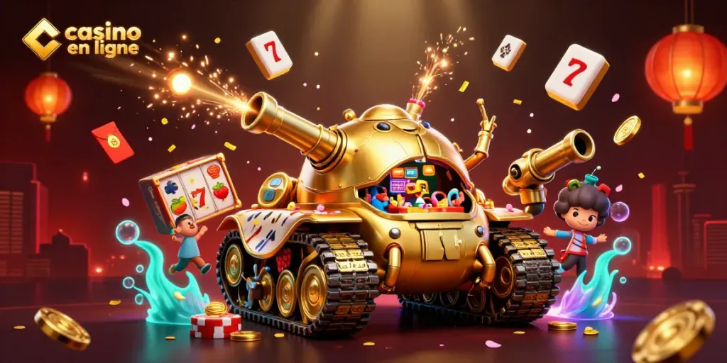 Experience excitement at a casino en ligne with a vibrant illustration of a unique beetle tank casino, showcasing slot reels and confetti.