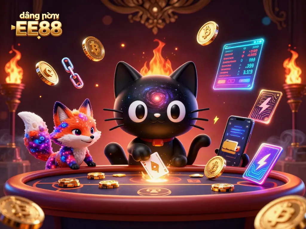 Engage in đăng nhập EE88 with cosmic casino vibes featuring a black hole cat and nebula fox.