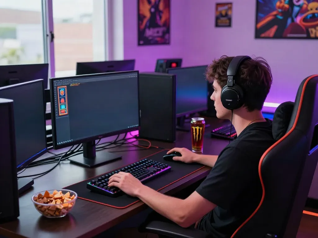Akanjp gaming setup with vibrant slot game displays and cozy ambiance