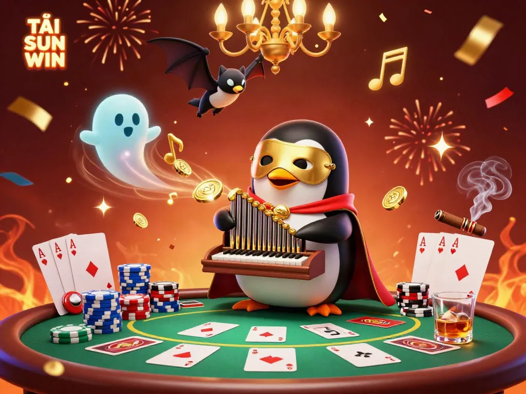 Engage with TẢI SUN WIN in this vibrant casino scene featuring a charming penguin and gold coins.