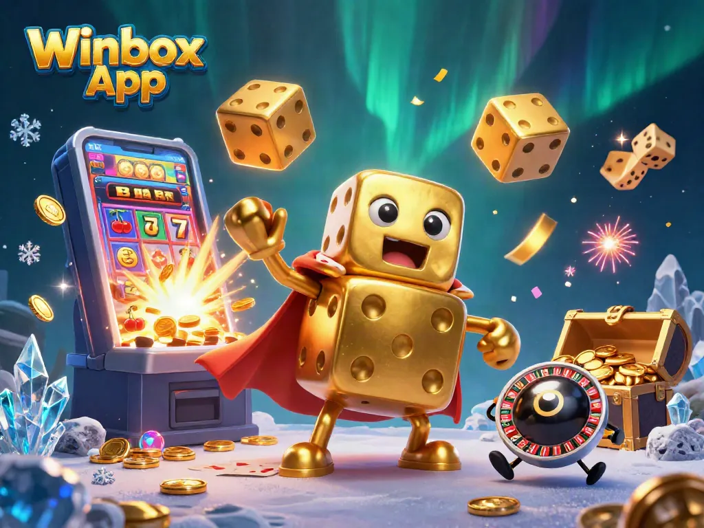 Spin the reels with the vibrant Winbox App showcasing a playful dice golem, illuminated by bright jackpot elements.