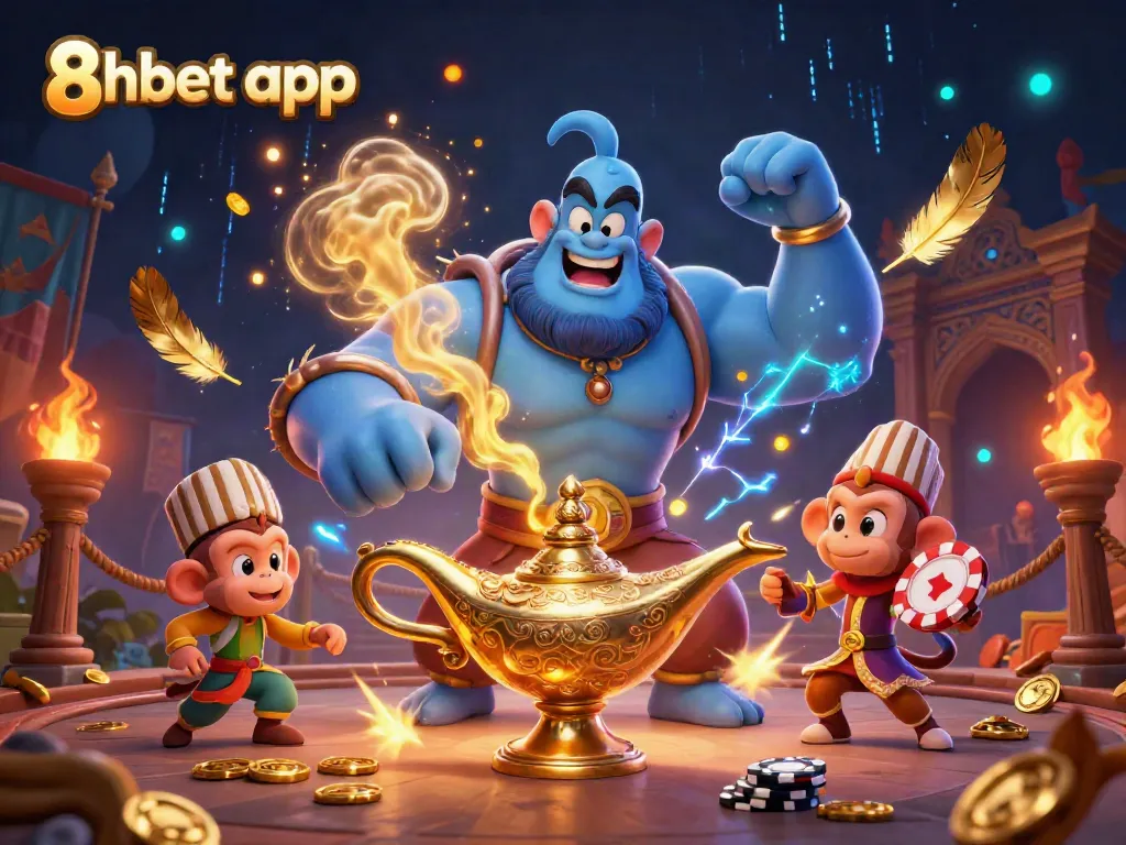 Engage with the 8xbet app, featuring dynamic genie and monkey, rich casino game elements.