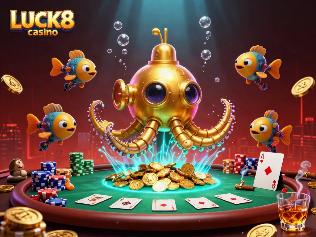 Immerse in the LUCK8 casino experience with the thrilling 3D golden kraken and mechanical fish surrounded by poker elements.