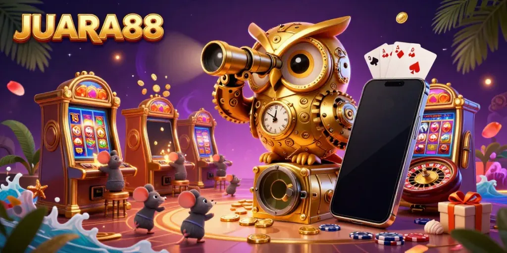 Experience JUARA88 with a vibrant casino atmosphere featuring a golden owl and wind-up mouse patrons.