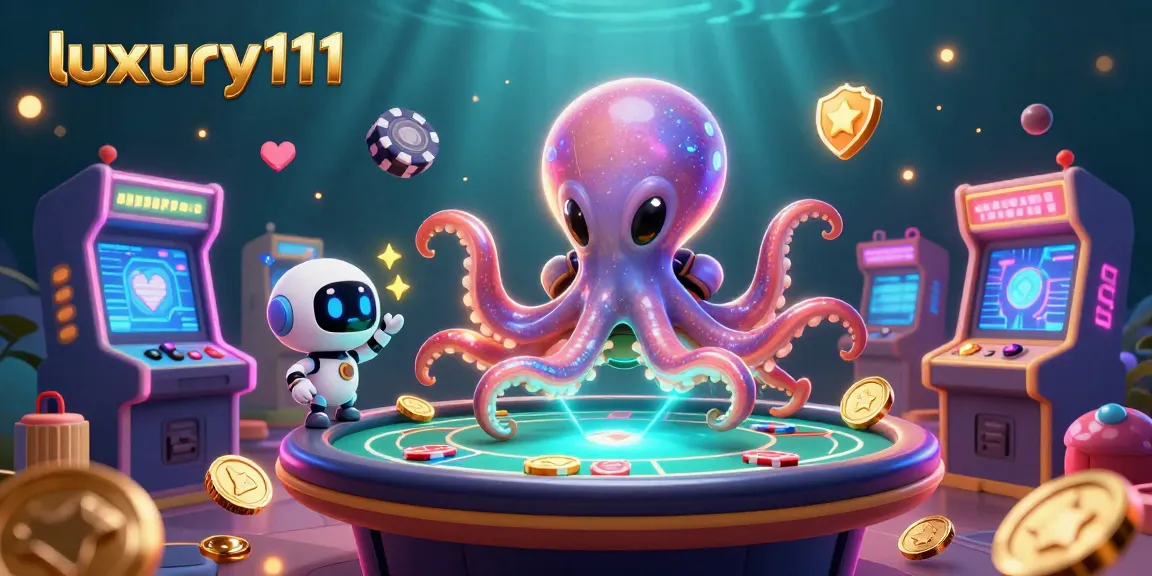 Experience the excitement of luxury111 poker with a playful alien octopus and vibrant arcade elements.