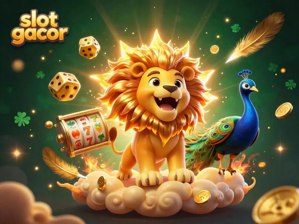 Experience thrilling wins with slot gacor in this vibrant 3D casino illustration showcasing a roaring lion and dice.