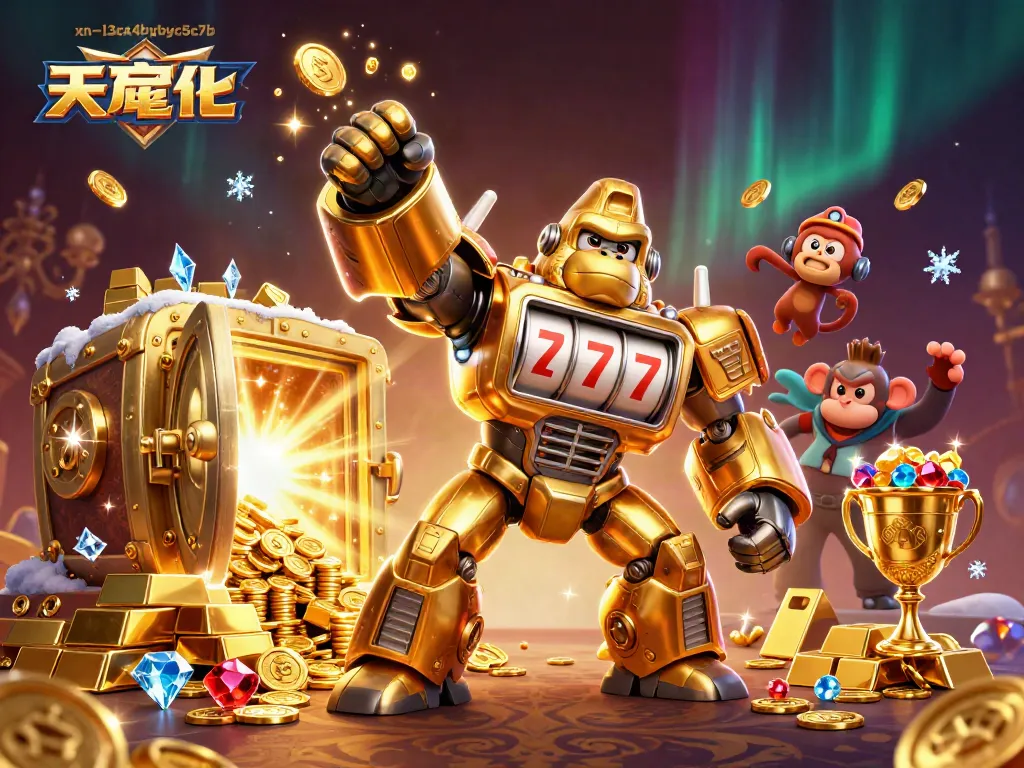 Experience thrilling adventures with xn--l3ca4bybyc5c7b's golden gorilla mech soaring through a treasure-filled scene.