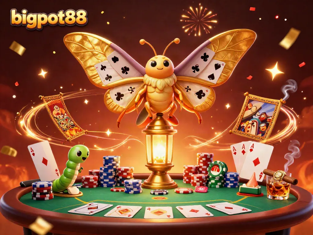 bigpot88 menghadirkan ilustrasi kasino 3D yang penuh warna dengan ngengat dan elemen perjudian menarik.